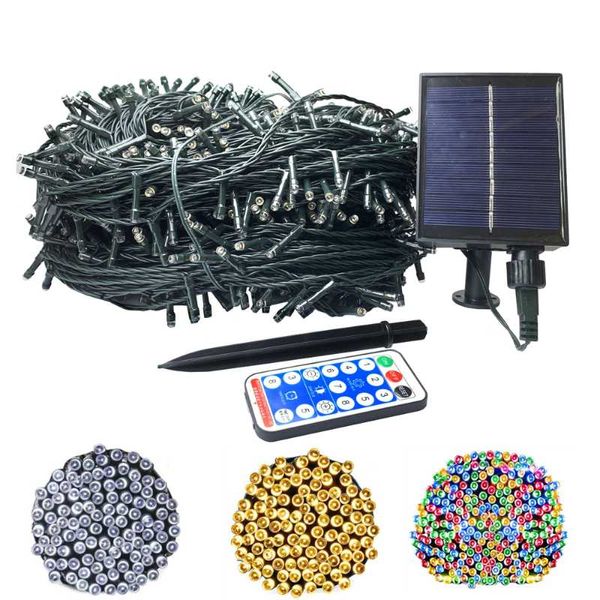 Cuerdas Solar Remote LED String Light 50m 100m Impermeable al aire libre Garland EU Plug Fairy para vacaciones Árbol de Navidad WeddingLED