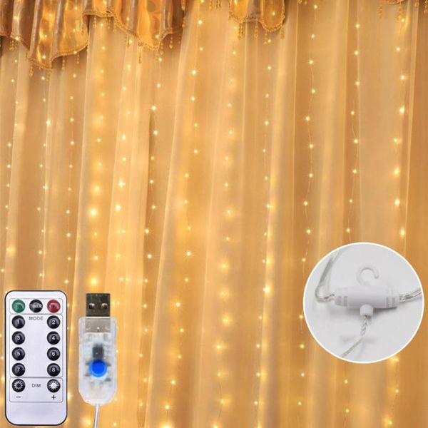 Cuerdas Cadena de luces Guirnalda de hadas Lámpara de cortina Control remoto USB Sala de alambre de cobre Decoración de pared de boda de vacaciones con HookLED LEDLED LED