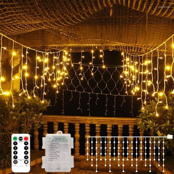 Cuerdas de luces de carámbano con pilas USB 3,5 M 96 leds cortina con 8 modos de Control remoto para fiestas al aire libre Navidad