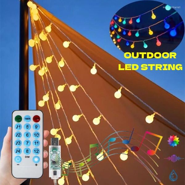 Cuerdas USB Smart LED Ball String Light Control remoto al aire libre Sincronización de música Lámpara de hadas Guirnalda Patio Jardín Impermeable Tienda de campaña Luces
