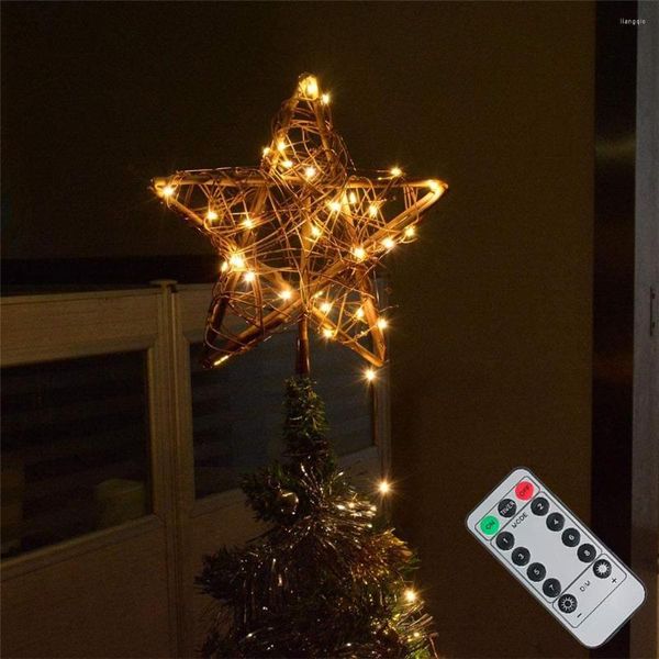 Cuerdas Árbol de Navidad Top Estrella de cinco puntas Luz Navidad Rattan Treetop con soporte de resorte para vacaciones Fiesta en casa Interior decorativo