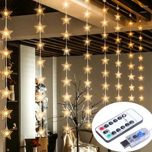 Cuerdas año dormitorio Lámpara decorativa LED Navidad cortina de estrellas cadena de luz USB remoto guirnalda de hadas Navidad decoración del jardín del hogar