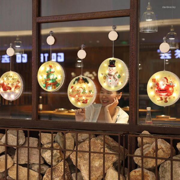 Cuerdas Año Feliz Navidad Adornos para el hogar Copo de nieve Cabaña Etiqueta de la pared Tienda Ventana Vidrio Decoración Bola Cadena de luces