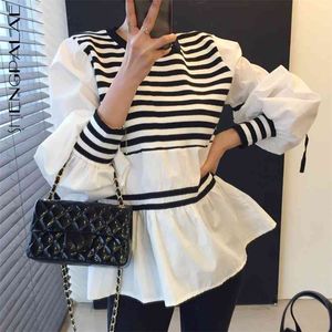 Stripe Contrast Kleur Blouse Dames Lente Ronde Hals Losse Lace Up Long Puff SHIRT SHIRT FEMALE 5C385 210427