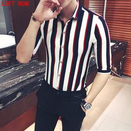 Streep katoen casual shirt mannen cool mode linnen gestreept shirt linnen mannelijke slim fit shirts 7 minuten mouw sociale zaken