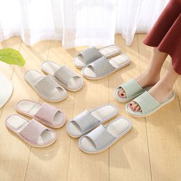 Streep Vlas Vier Seizoenen Indoor Linnen Slippers Vrouwen Mannen Antislip Zachte Zool Thuis Houten Vloer Schoenen Open Teen Sandalen