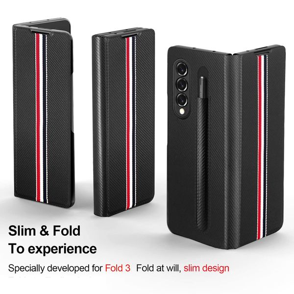 Étuis en cuir à rayures pour Samsung Galaxy Z Fold3 Fold 3 5G étui avec fente pour stylo couverture de Protection d'adsorption magnétique en Fiber de carbone