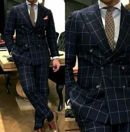 Stripe Mens Suits Slim Fit Tuxedo Wedding Piece Jas Pant Designs Past voor Bruiloft Navy Mens Prom Kleding Twee stukken (jas + broek)