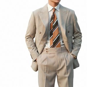 Costume à rayures hommes polyvalent Fi Gentleman Double boutonnage italien revers manteau formel mariage marié Busin hommes costume de smoking e77c #