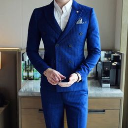 Stripe Suit broek Mens Heren Brits stijl Fashion Boutique Slim Fit Party Dubbele borsten 2 stuks Sets Sets Blazers Jacket Coat broek 240430