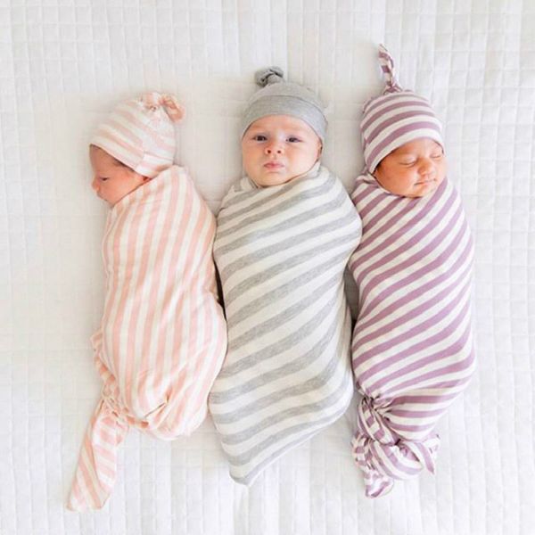 Mantas y sombreros a rayas, conjunto para recién nacidos, ropa de cama para bebés, manta de recepción súper suave elástica para niños pequeños