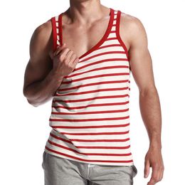 Débardeur à rayures pour hommes, t-shirt sans manches, rouge et bleu, hauts d'été décontractés, débardeur pour exercices de gymnastique, Top278A