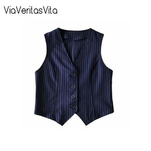 Stripe Vest Costume Femmes Élégant OL Gilet V-Cou Carrière Dames Crop Tops Bureau Formel Travail Porter Vêtements D'extérieur Automne Mujer 210909