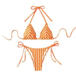 Gestreepte bikini 9 kleuren handdoekdoek halter nek verbinden bikini zwempak zomer lage taille strand vakantie badpak 240513