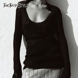 Gestreifte schwarze Strickwaren für Frauen O Neck Flare Sleeve minimalistische Tunika Pullover weibliche Herbst Mode Kleidung 210524