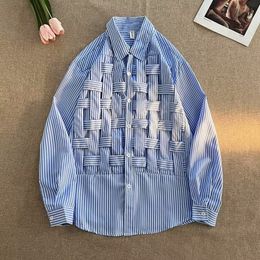 Chemises tressées à rayures pour hommes Version coréenne Chic hommes vêtements hauts printemps et automne japon décontracté bleu hommes chemises