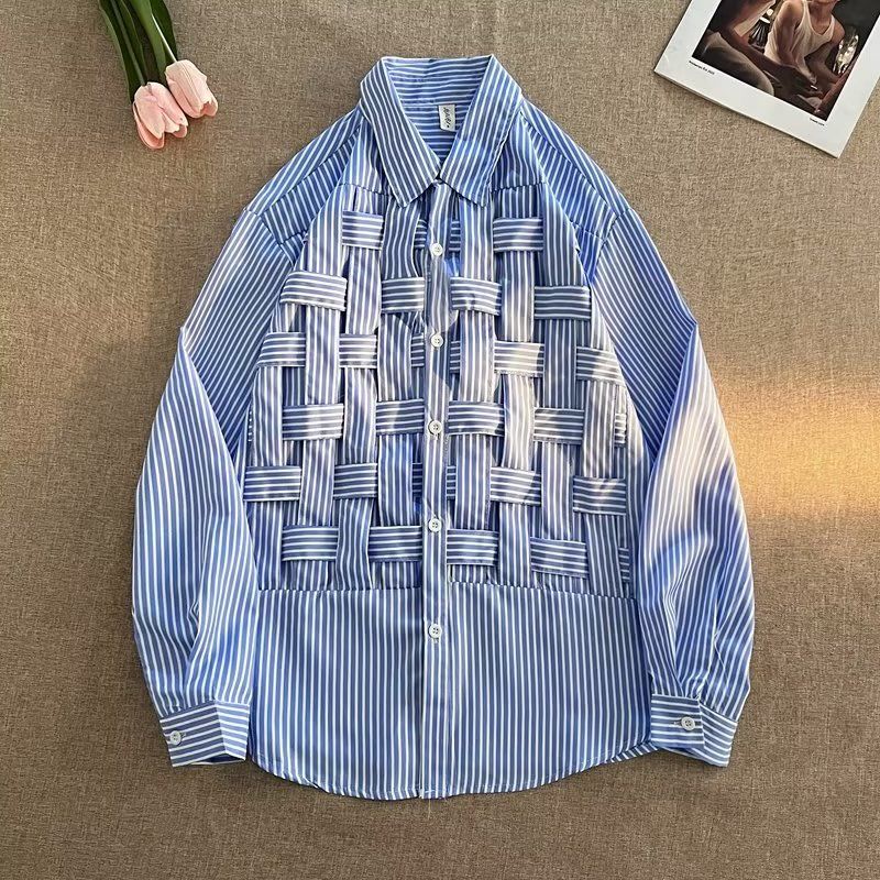 Erkekler için Çizgili Örgülü Gömlek Korece Versiyon Şık Erkekler Giyim Üstleri İlkbahar ve Sonbahar Japonya Günlük Mavi Erkek Gömlekler