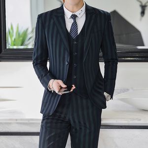 Gestreepte Donkergroen Pak Mannen 3 Stks Slim Fit Casual Office Blazer Formal Mens Mode Bruiloft Tuxedo Plus Size 5XL