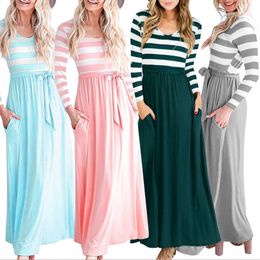 Rayures Robes Femmes Maxi Robes longues Patchwork manches longues Robes Automne Casual Blusas Col rond Ceinture Fashion Tops Blouses T-shirts