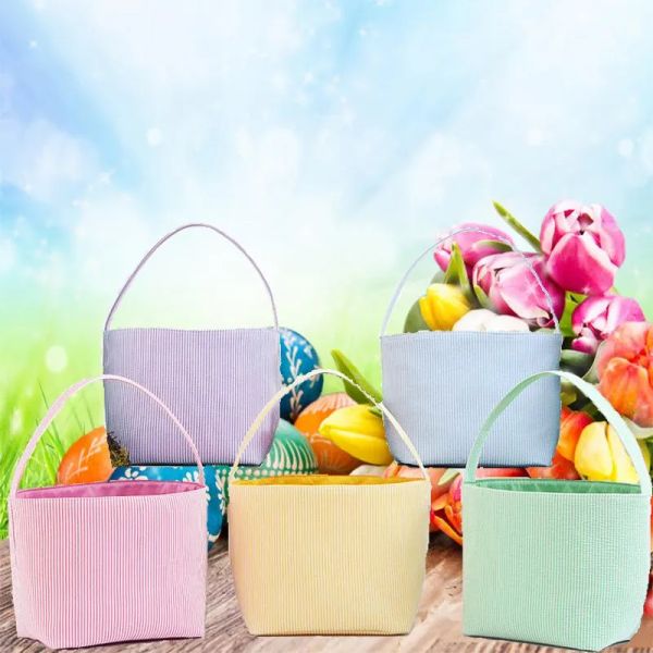 Cesta de Pascua a rayas Seersucker Candy Candy Garket Bucket Bold de juguete Bolsa de alimentos portátiles Cestas de alimentos