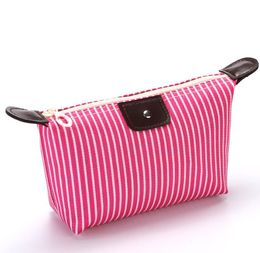 Sac de maquillage pliable à rayures, trousse de toilette ultralégère tendance, sac à cosmétiques portable en nylon à fermeture éclair