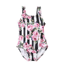 Gestreepte bloemen baby badmode kinderen rozen klassieke patroon onesie badpak voor 0-10yrs vakantie badpak 210529