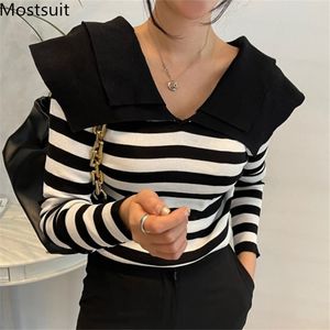 Gestreepte gebreide dubbellaagse kraag trui trui vrouwen lente volledige mouw Koreaanse elegante vrouwelijke jumpers tops femme 210518