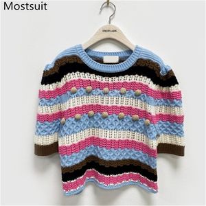 Gestreepte gebreide Koreaanse trui trui vrouwen korte mouw O-hals ballen mode vintage dames jumpers femme zomer 210513