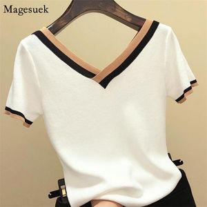 Camisa de manga corta de punto a rayas, blusa de verano con cuello en V para Mujer, ropa coreana para Mujer, Camisetas para Mujer 13362 210512