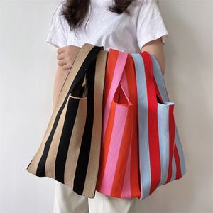 Rayé tricot fourre-tout sacs sac à bandoulière mode évider dames femme tissé Shopper sac à main dame bandoulière sac à main 240308