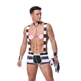 Costume de prisonnier à rayures pour hommes, uniforme de Cosplay d'Halloween, ensemble de lingerie sexy, caleçon à bretelles avec chapeau et collier à chaîne, bracelets216u