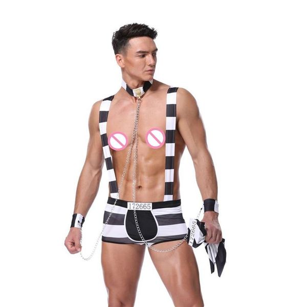 Hombres a rayas Disfraz de prisionero Uniforme de Halloween Cosplay Conjunto de lencería sexy Suspender Boxer Shorts con sombrero Collar de cadena Pulseras201G