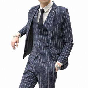 Traje de hombre a rayas Blazers de 3 piezas + pantalón Fi Coreano Slim Fit Casual esmoquin para hombre trajes de boda para hombre traje de novio busin para hombre 76XB #