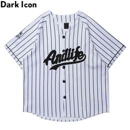 Chemise de baseball brodée à rayures pour hommes Street Fashion Chemise pour hommes surdimensionnée Noir Blanc 210603