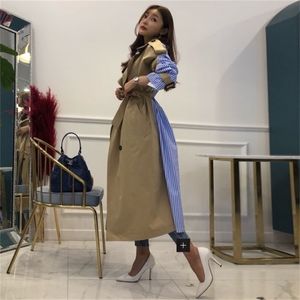 Rayé Patchwork Coupe-Vent Pour Femmes À Manches Longues À Lacets Trench-Coat Femme Mode Coréenne Automne Surdimensionné 210522