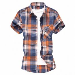 Gestreept geruit overhemd met korte mouwen Heren Single-breasted Vierkante kraag Cott-shirts Zomer Fi Casual Camisa Mannen Chemise 7XL e4S3 #