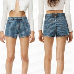 Gestreepte Strass Denim Shorts Dames Jeans Mode Hoge Taille Slanke Korte Broek Streetwear