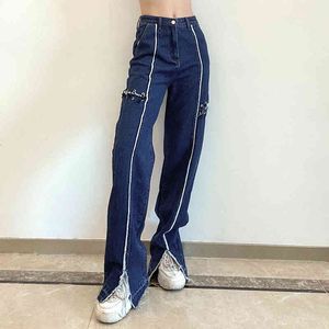 Rayé déchiré bleu Y2K Split Jeans pour filles femme décontracté femmes Vintage Denim pantalon taille haute pantalon Capri Streetwear 210415