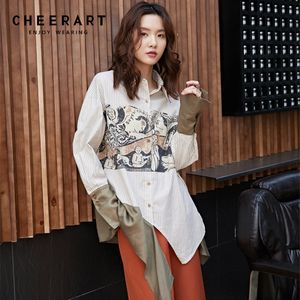 Gestreepte shirt Lange mouwen Asymmetrische Top Dames Patchwork Art Print Dark Green Blouse Spring Clothing 210427