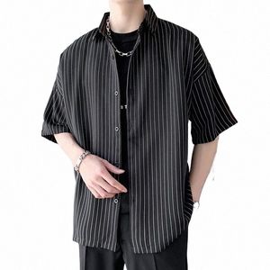 Gestreept Shirt Heren Japanse Casual Oversize Trend Zwart Unisex Gothic Korte Mouwen Blouses V4Ak #