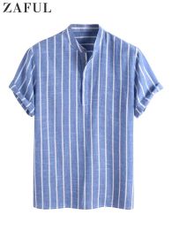 Gestreepte shirts voor mannen half knop kraagloze korte mouw blouses casual streetwear pullover kantoor tops