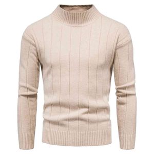 Gestreepte Solid Men's Sweaters Merk Half Hoge Kraag Top Casual Slanke Ribbed Zoom Pullover Oversized Warm Streetwear 210524