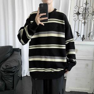 Suéteres a rayas Hombres Suéteres de cuello redondo Suéter de punto de moda coreana Cachemira de lana Otoño Invierno Streetwear Jersey de gran tamaño Y0907