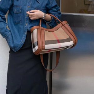 Lona a rayas + bolsos populares de cuero genuino para mujer, bandolera de hombro grande, bolsos de diseñador de lujo