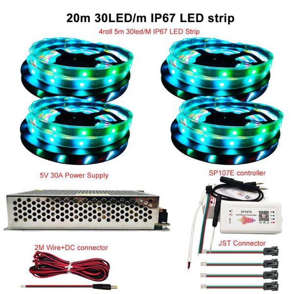 Bandes 20m WS2812B Bande LED RVB Adressable Individuellement WS2812 Lumière SP107E Contrôleur de Musique Bluetooth DC5V Transformateur Alimentation LED St