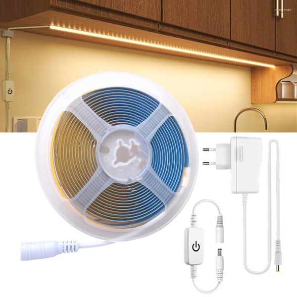 Tiras Dimmable COB LED Strip DC 12V 320LEDS / M FOB Cinta de luz 3000K 4000K 6000K Banda de lámpara de cocina con adaptador de corriente Interruptor táctil