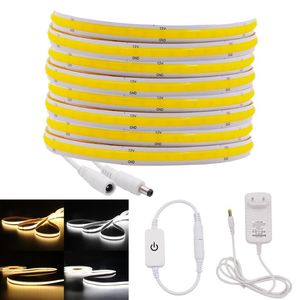 Strips Dimable Cob LED Strip Licht DC12V 24V 320leds 384leds 528leds/M Flexibele lint tape Lampen EU -voeding