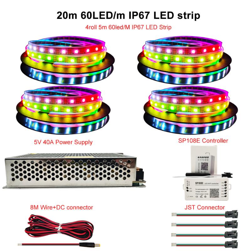 Bandes LED adressables individuellement bande lumineuse 20m Kit DC5V transformateur alimentation Wifi contrôleur SP108ELED StripsLED