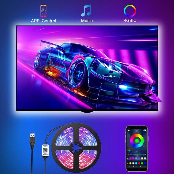 Bandes lumineuses à LED avec contrôle d'application Bluetooth pour les rétroéclairages TV 16 millions de couleurs fonction de synchronisation de synchronisation de la musique