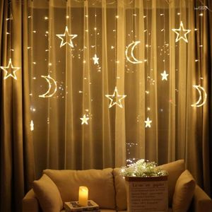 Tiras románticas lámpara LED cadena 8 modos Luna estrella Super brillante jardín Hada luz duradera boda neón linterna Festival 220V